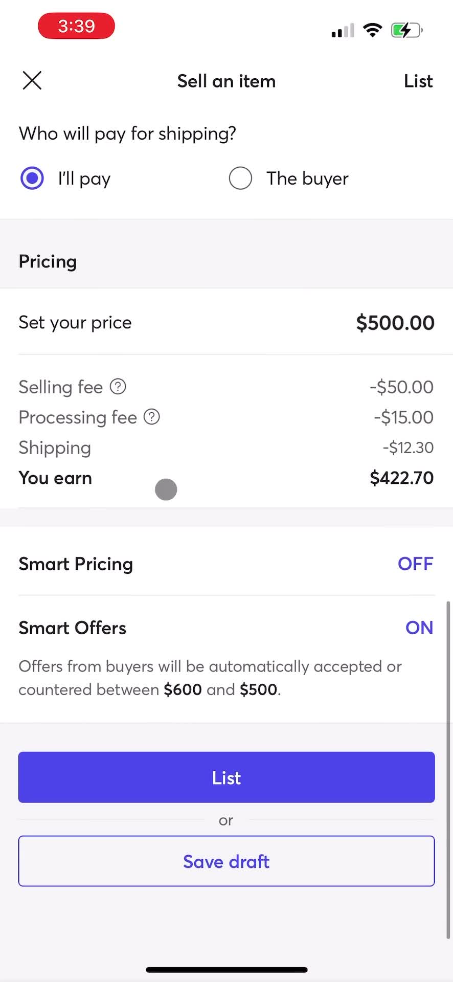 Listing a product screenshot