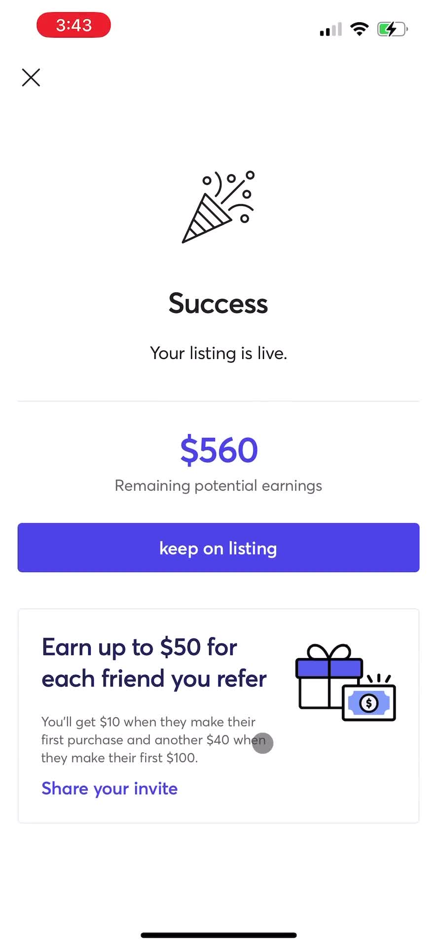 Listing a product screenshot