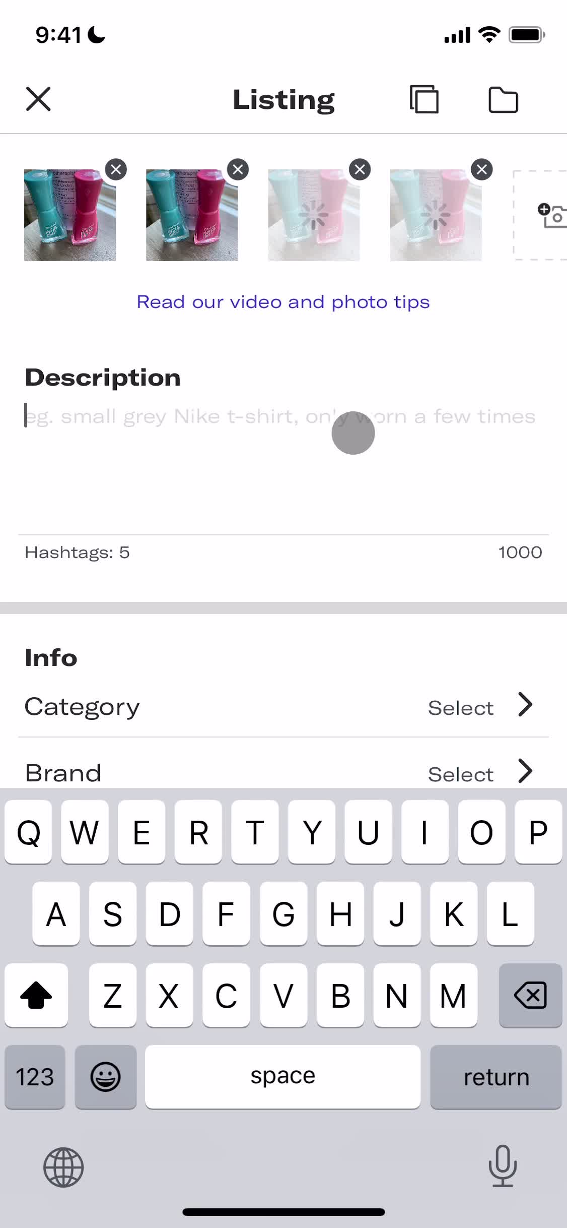 Listing a product screenshot