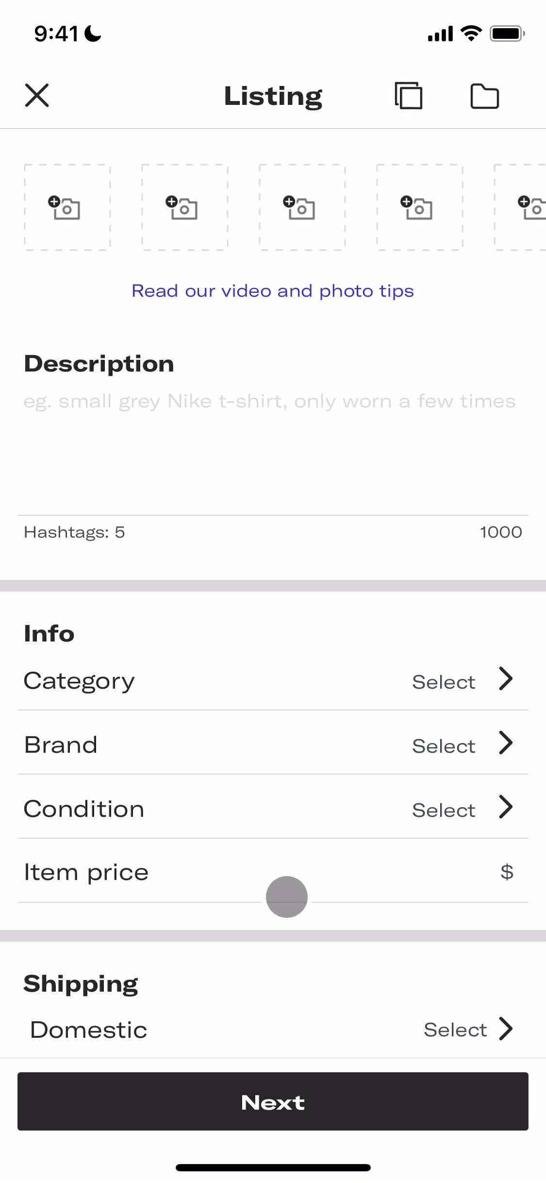 Listing a product screenshot