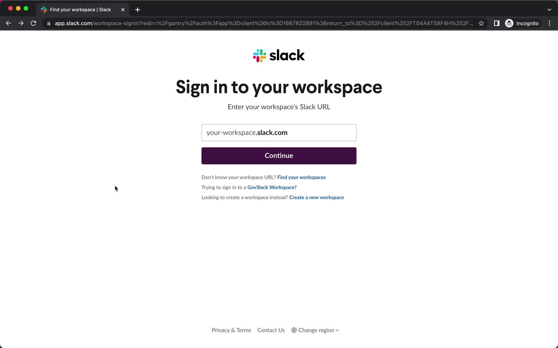 Screenshot of Enter workspace URL on Logging in on Slack user flow