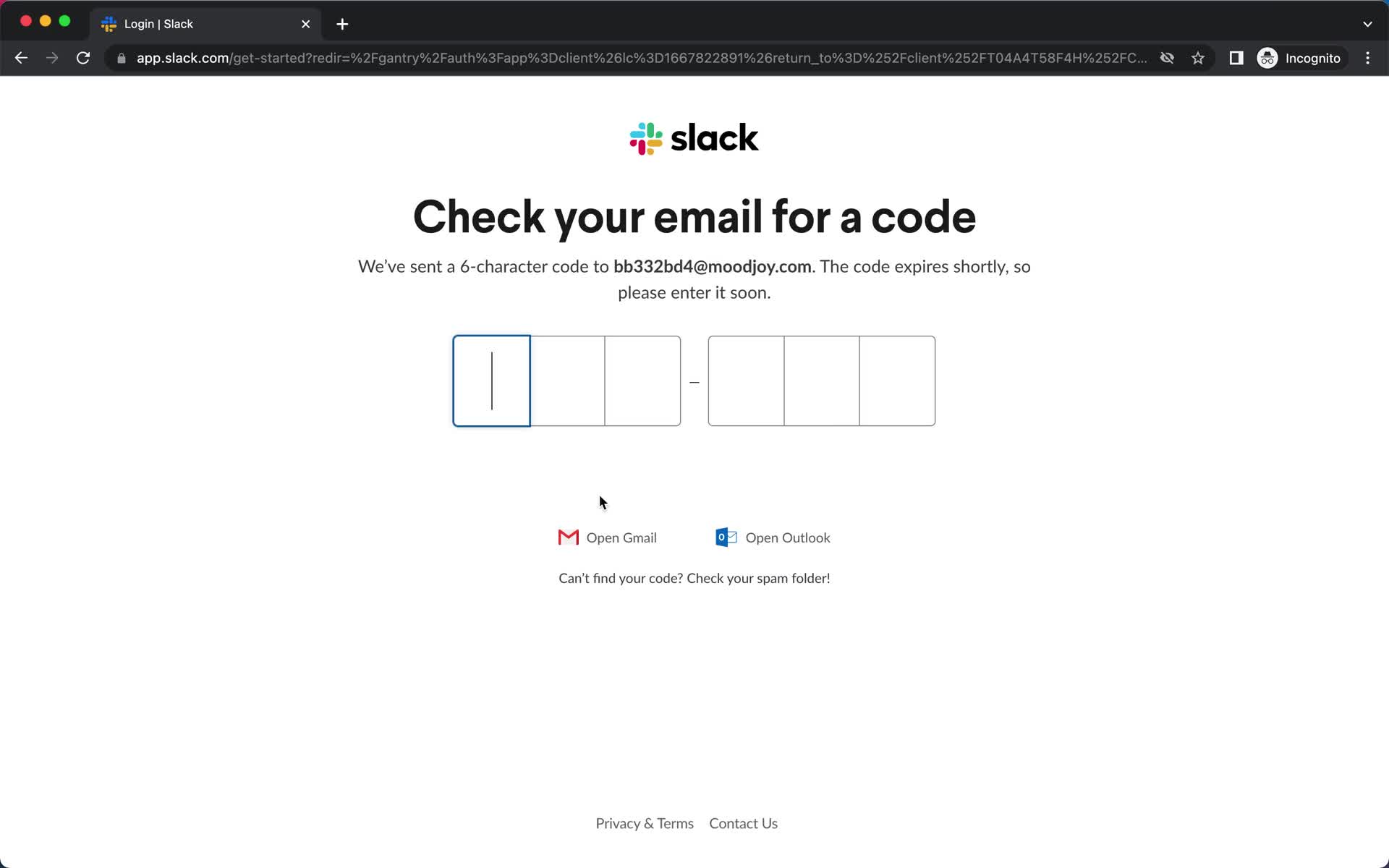Screenshot of Verify email on Logging in on Slack user flow