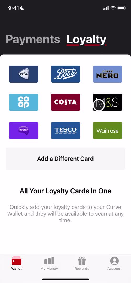 Screenshot of Loyalty cards on Loyalty cards on Curve user flow