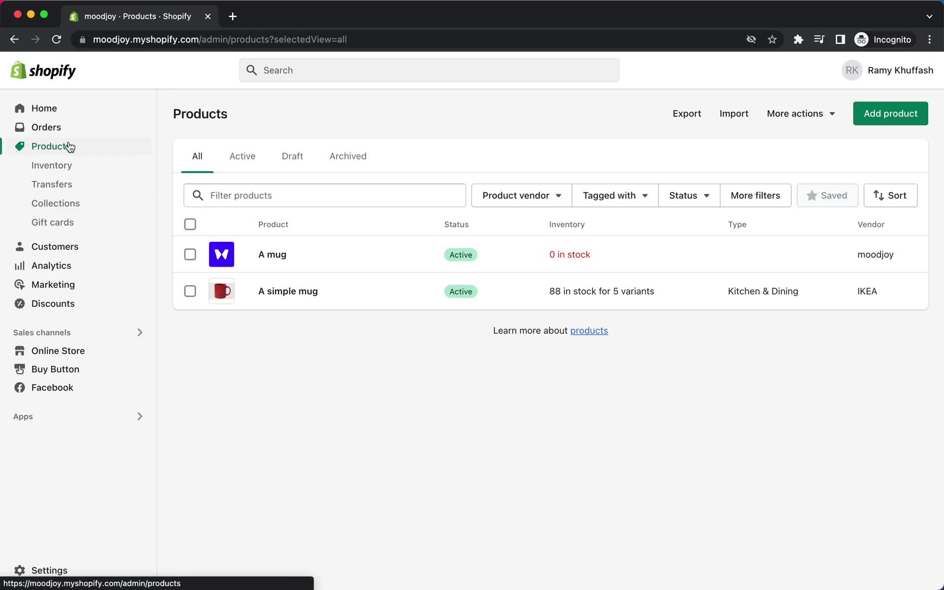 Screenshot of Products on Inventory Management on Shopify user flow