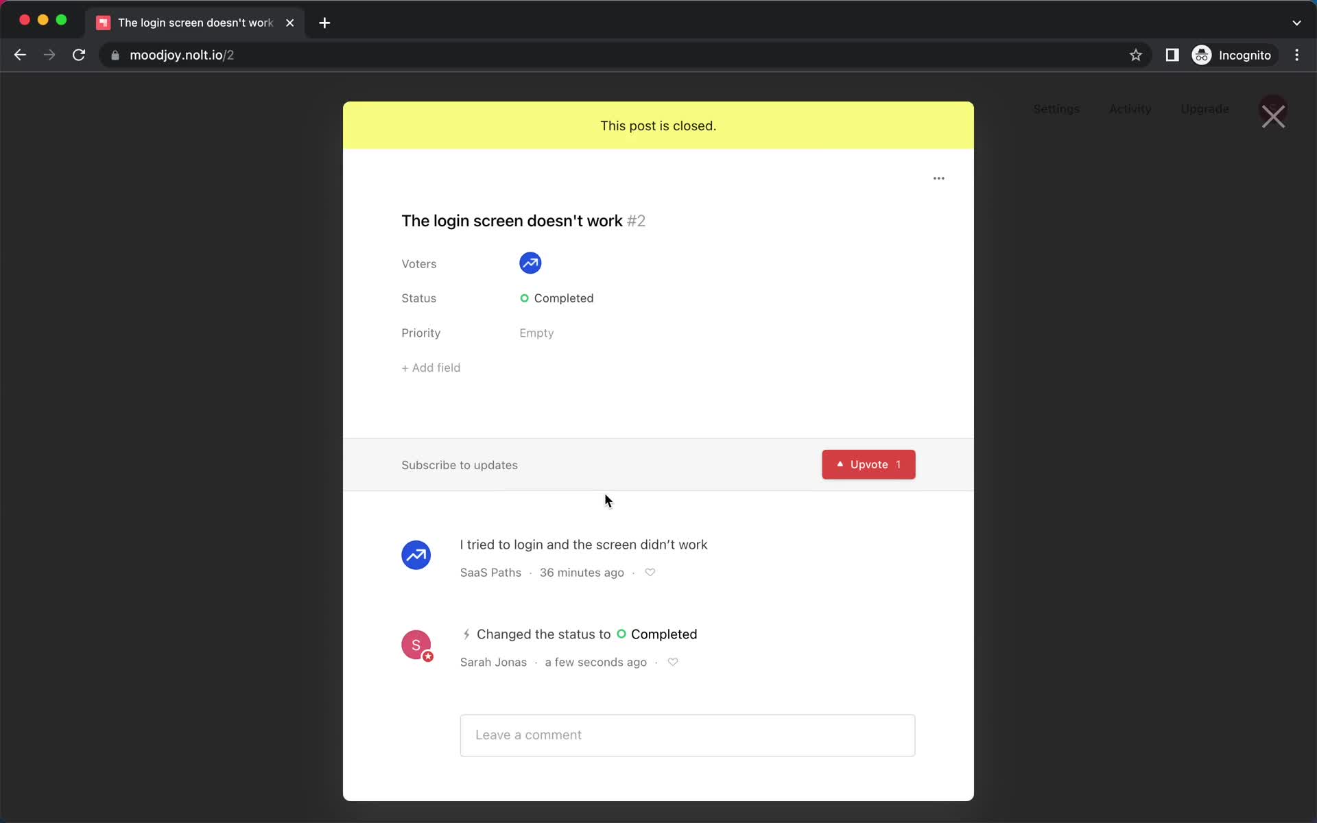 Managing feedback screenshot