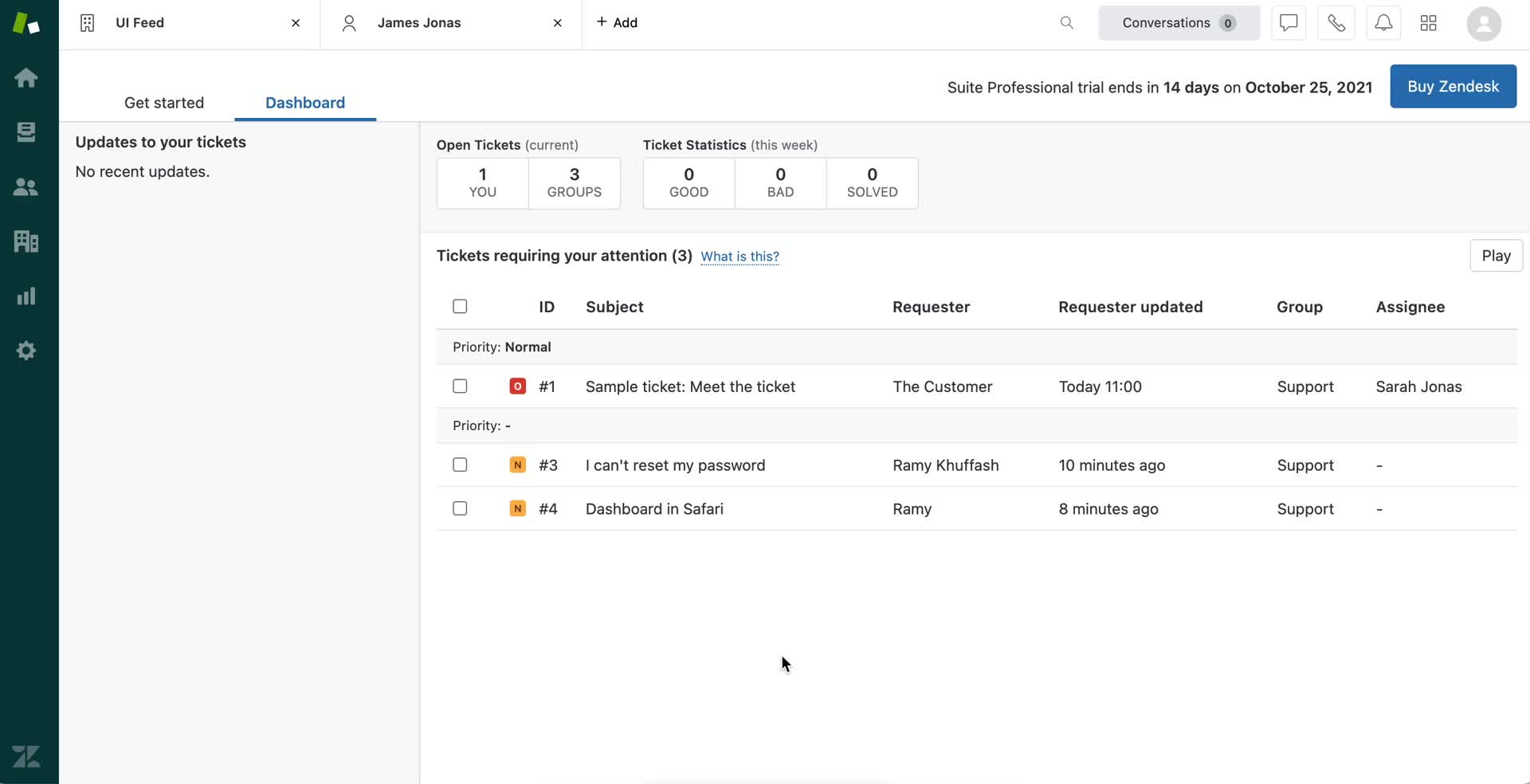 Screenshot of Dashboard on Managing support on Zendesk user flow