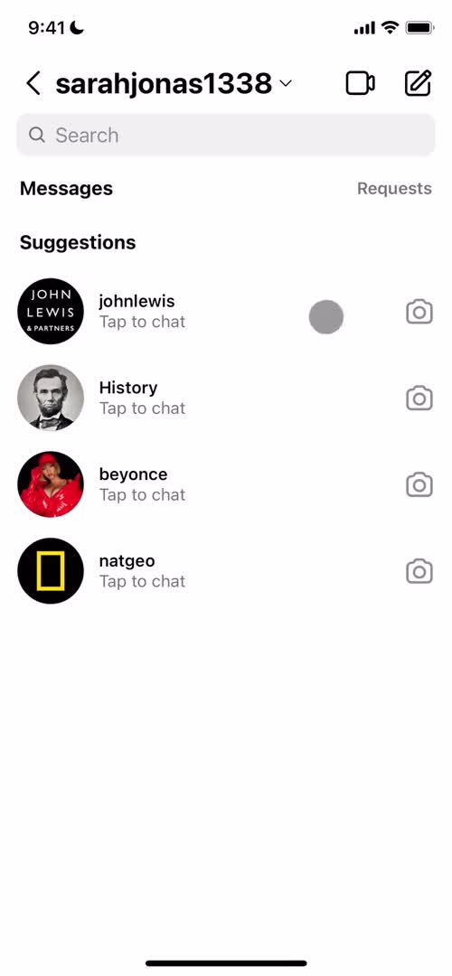 Screenshot of Messages on Sending Messages on Instagram user flow