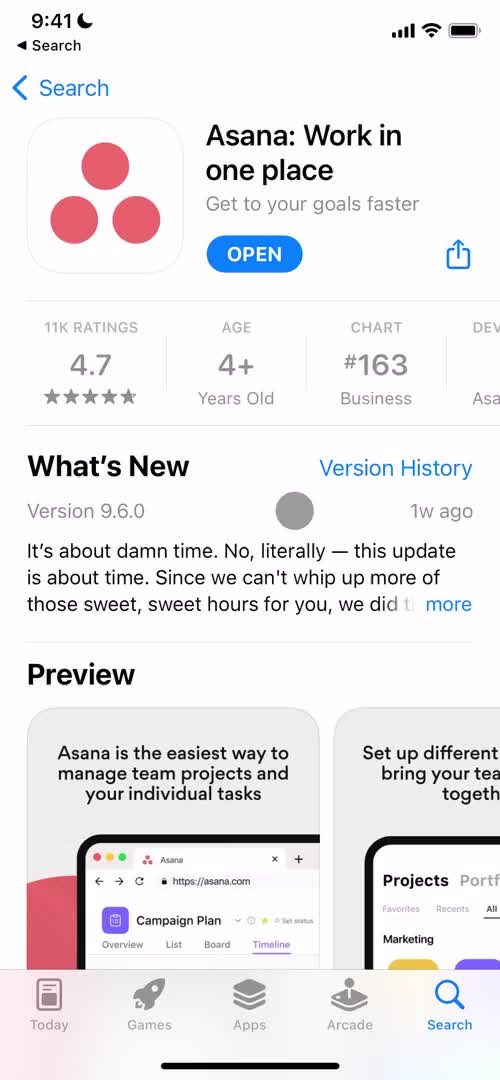 Screenshot of App store listing on Onboarding on Asana user flow