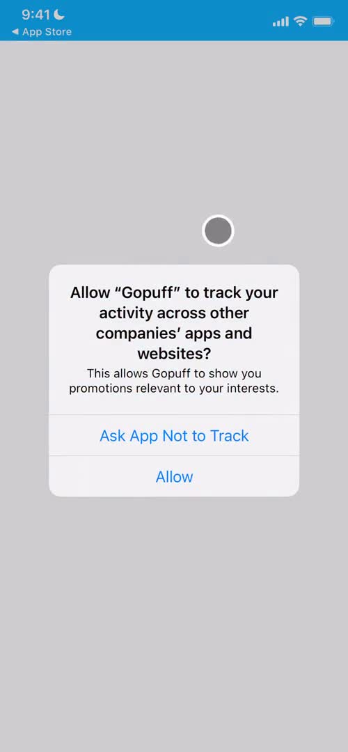 Screenshot of Enable tracking during Onboarding on Gopuff user flow