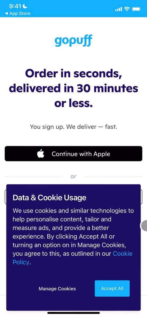 Gopuff accept cookie policy screenshot