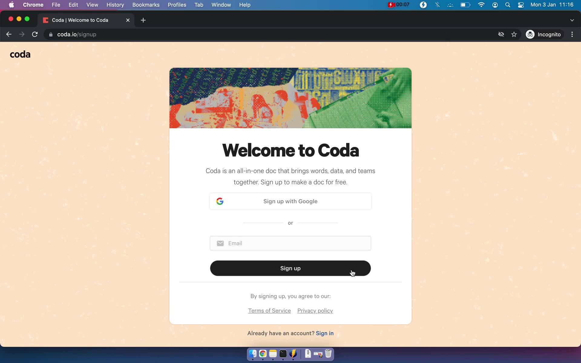 Screenshot of Sign up during Onboarding on Coda user flow