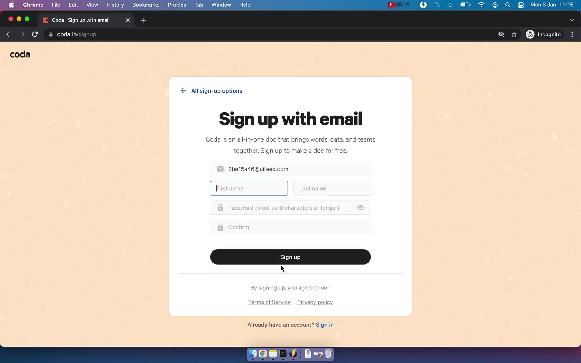 Screenshot of Sign up with email on Onboarding on Coda user flow