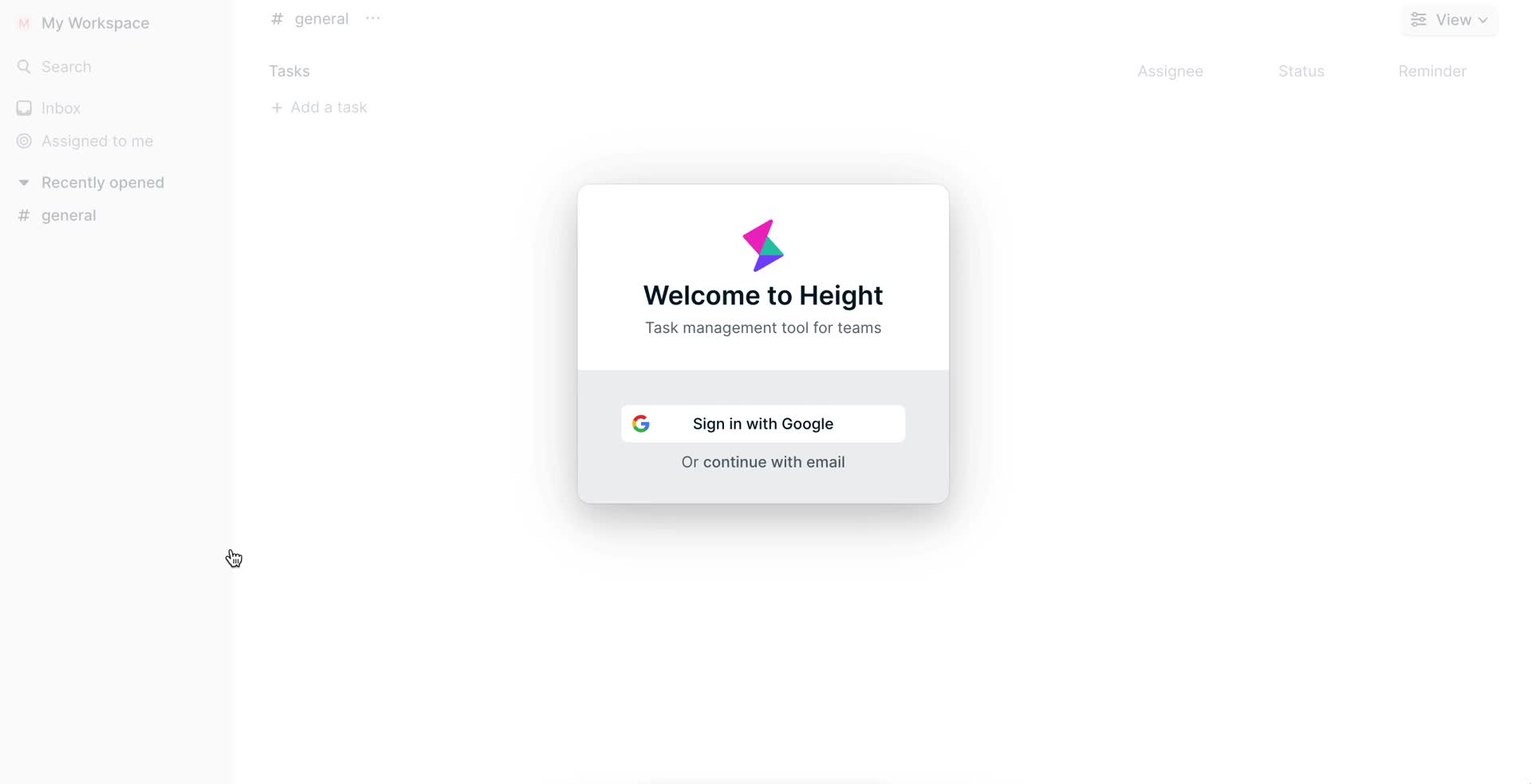 Height sign up screenshot