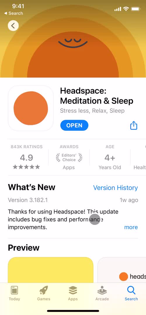 Screenshot of App store listing on Onboarding on Headspace user flow