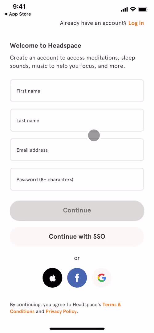Screenshot of Sign up on Onboarding on Headspace user flow