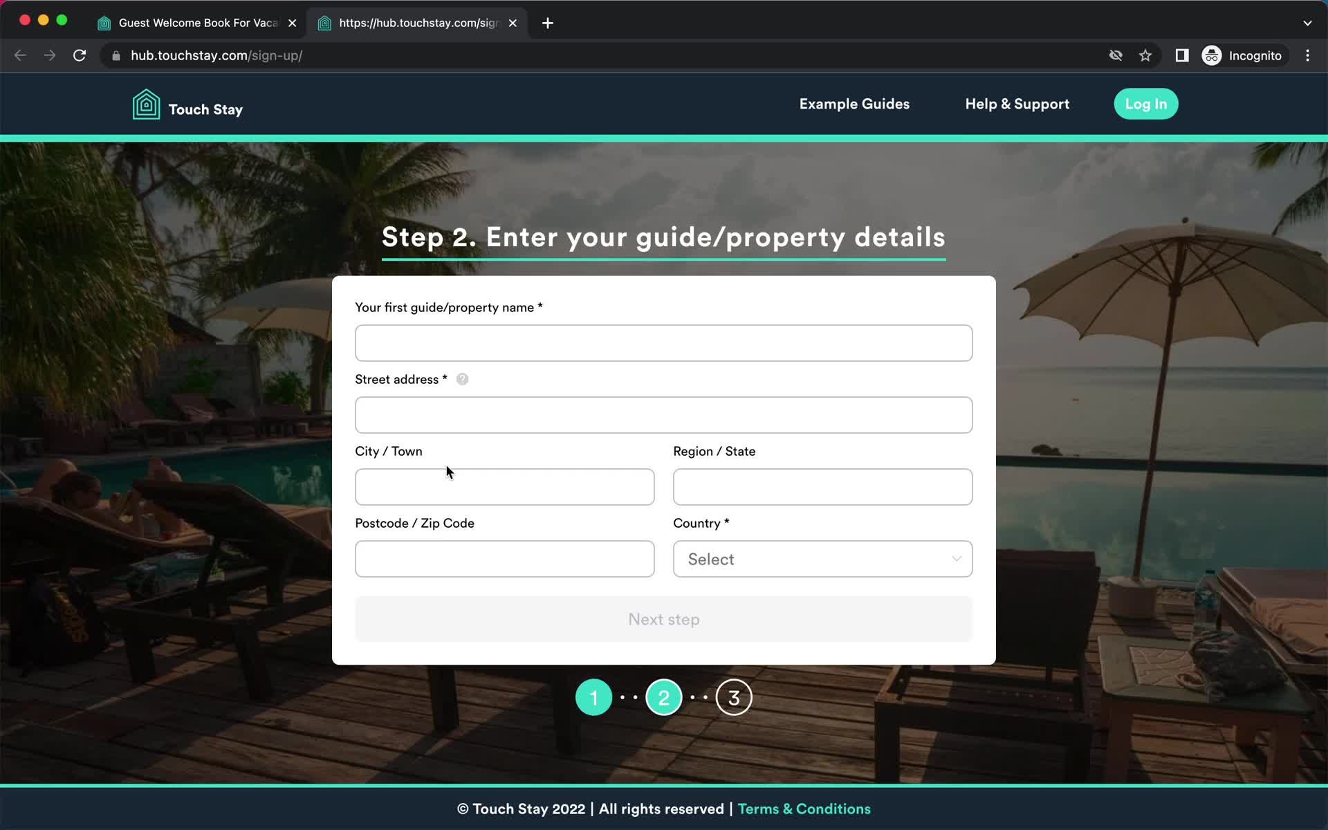 Screenshot of Add property during Onboarding on Touch Stay user flow