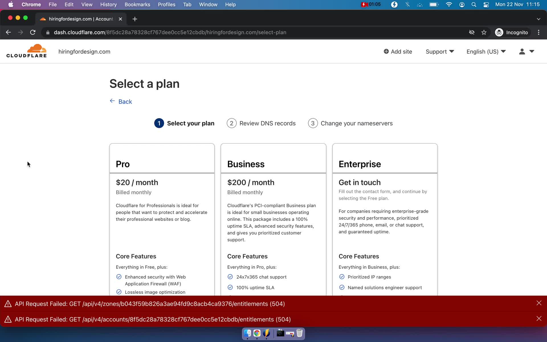 Cloudflare select plan screenshot