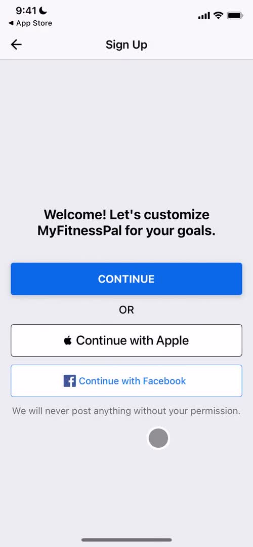 MyFitnessPal sign up screenshot
