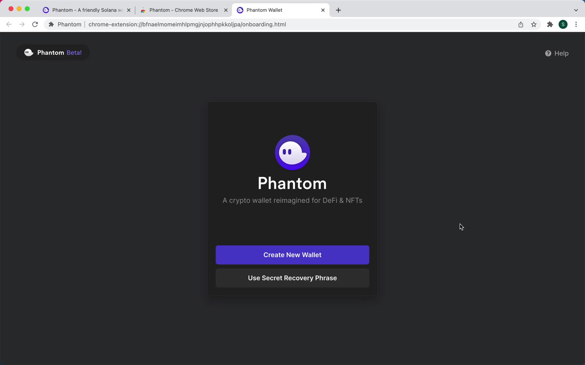 Screenshot of Create wallet during Onboarding on Phantom user flow