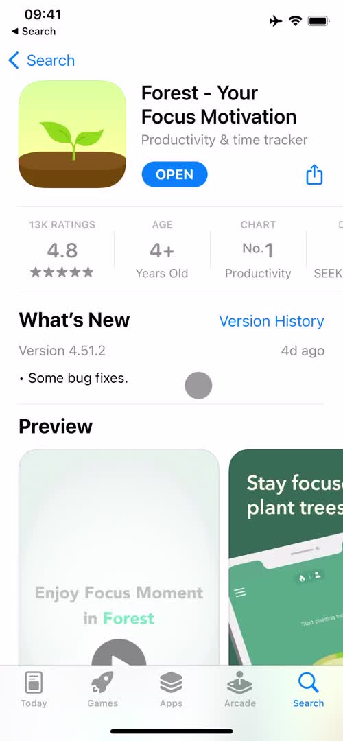 Screenshot of App store listing on Onboarding on Forest user flow