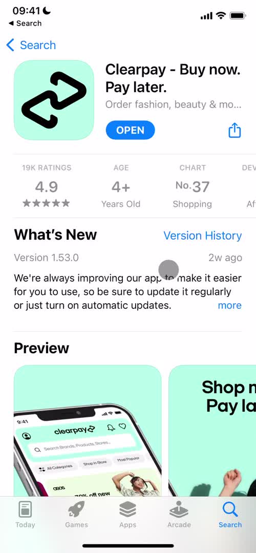 Screenshot of App store listing on Onboarding on Clearpay user flow
