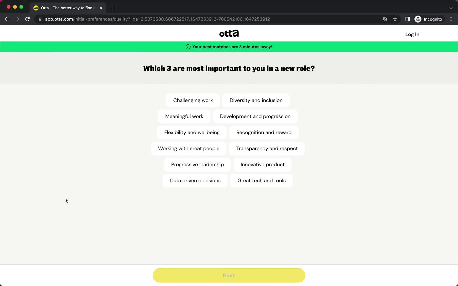 Screenshot of Onboarding survey on Onboarding on Otta user flow