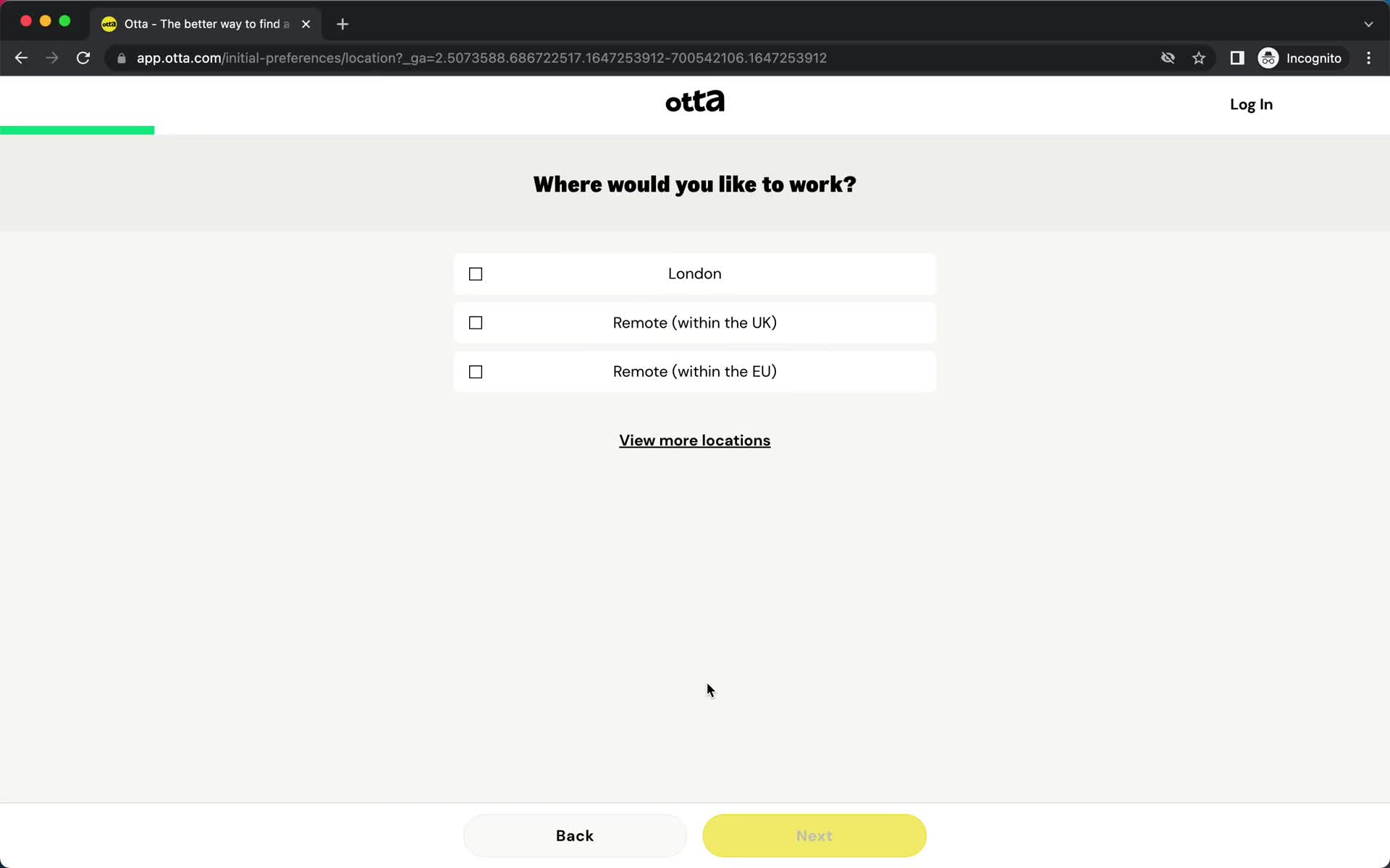 Screenshot of Onboarding survey on Onboarding on Otta user flow