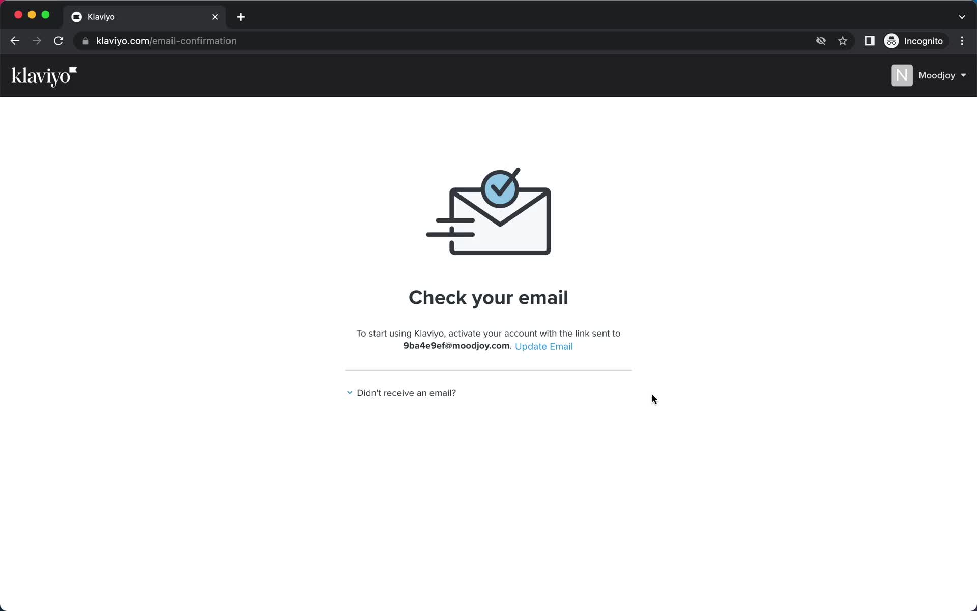 Screenshot of Check your inbox on Onboarding on Klaviyo user flow