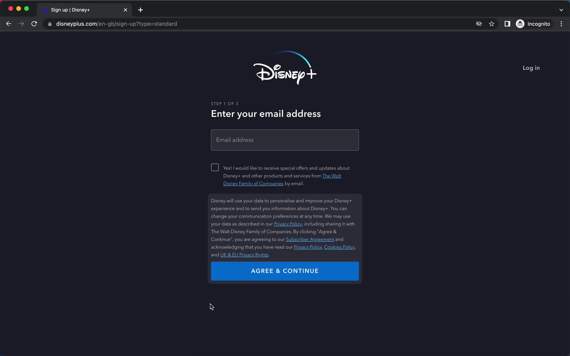 Disney+ sign up screenshot