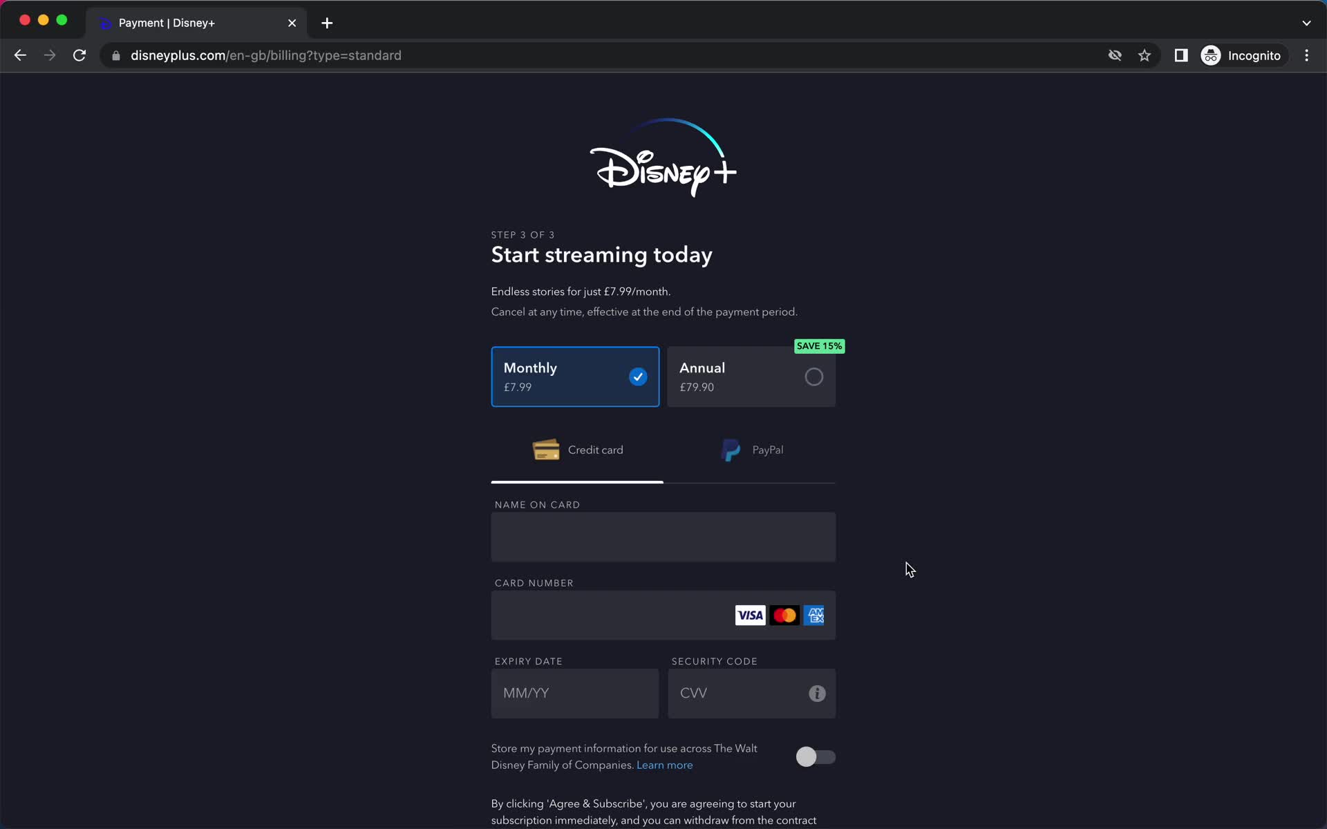 Disney+ add payment details screenshot