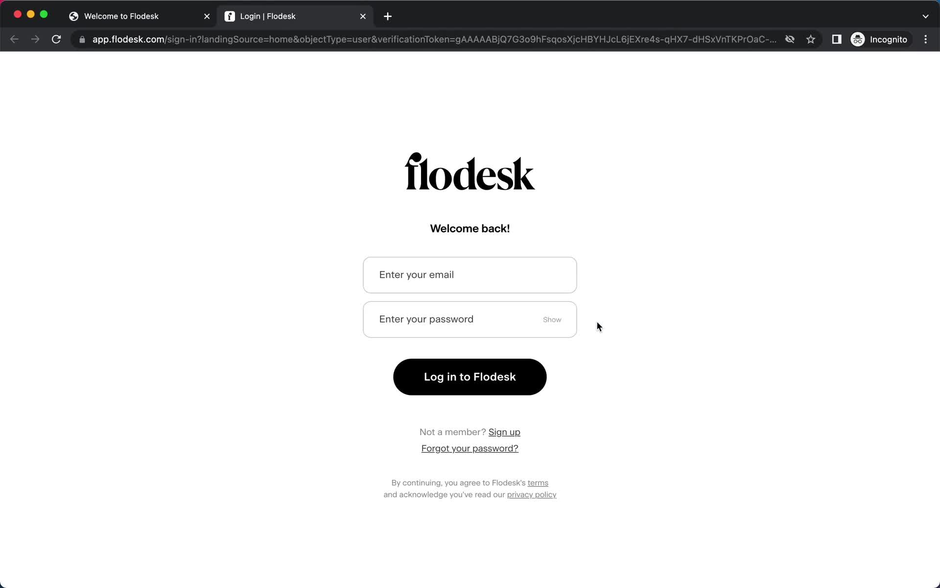 Flodesk log in screenshot