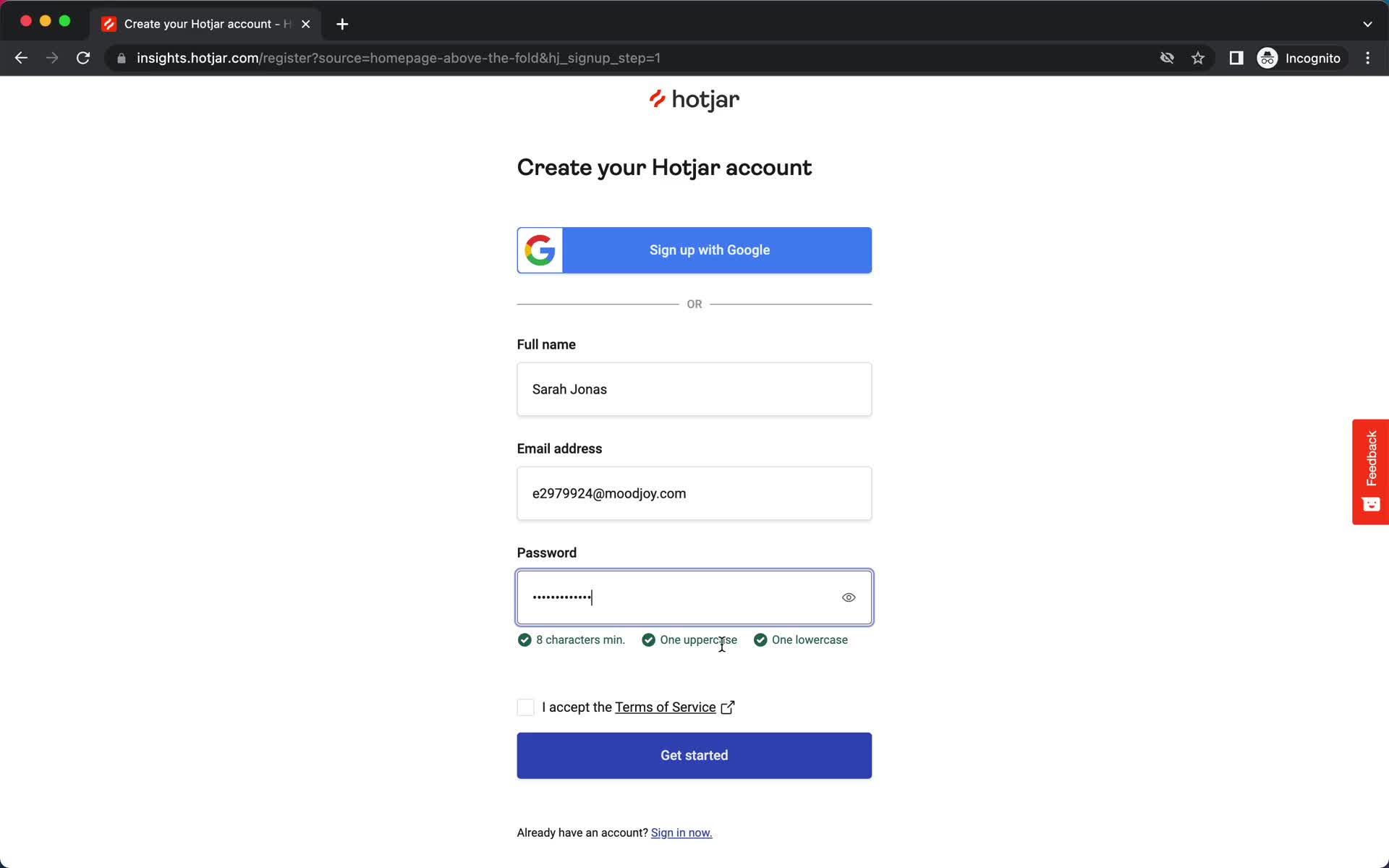Hotjar password validator screenshot