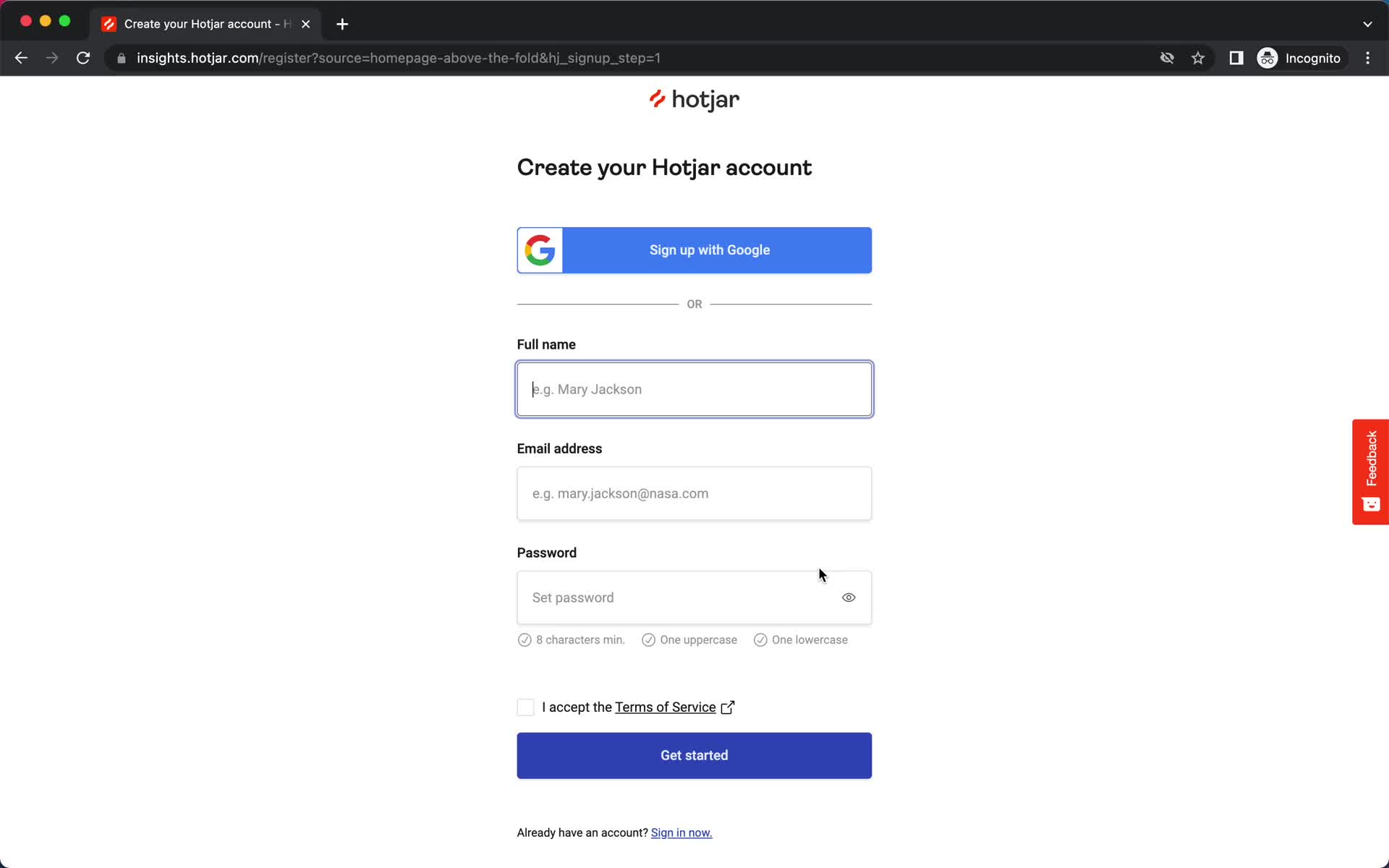 Hotjar sign up with email screenshot
