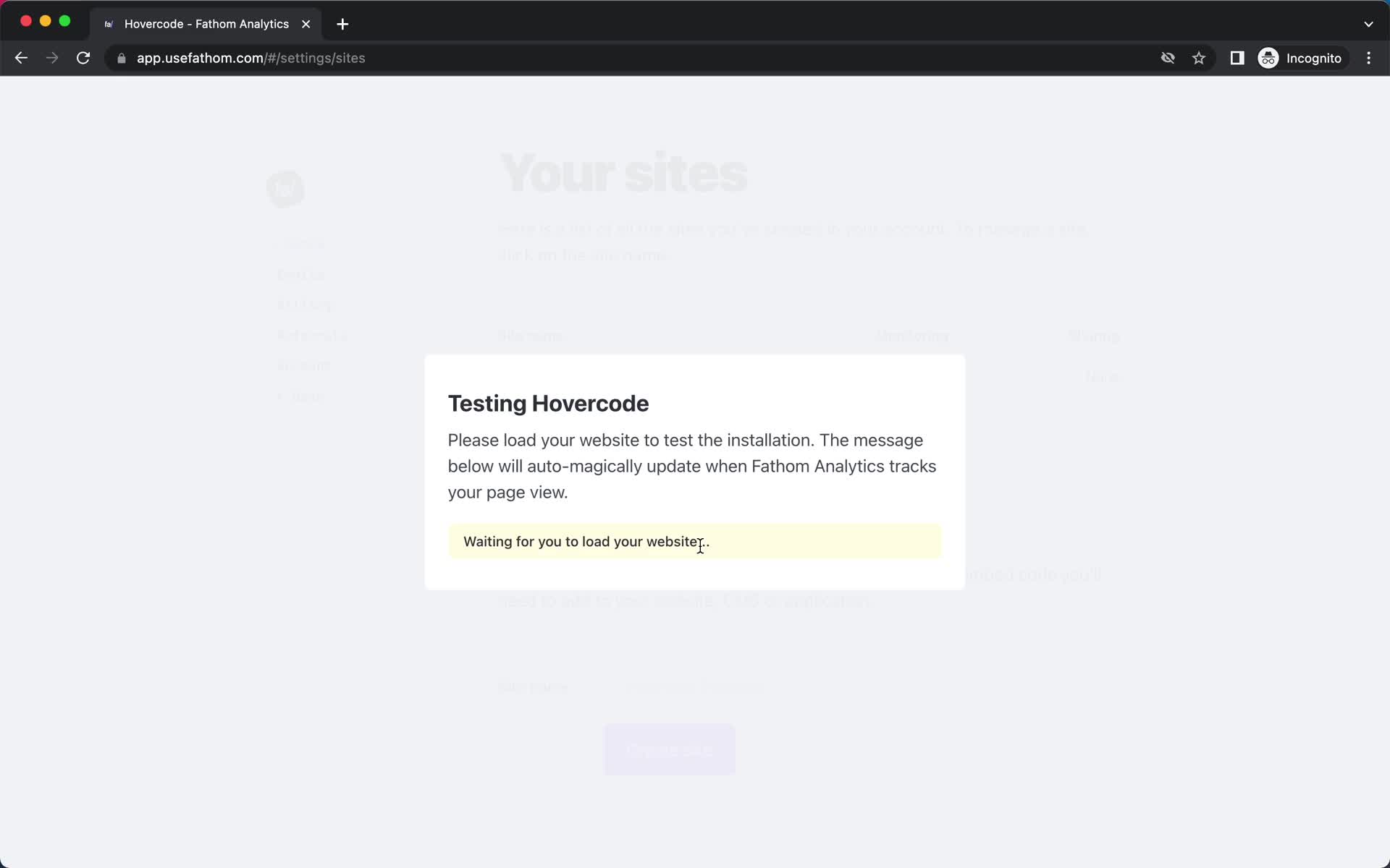 Screenshot of Verify installation on Onboarding on Fathom user flow