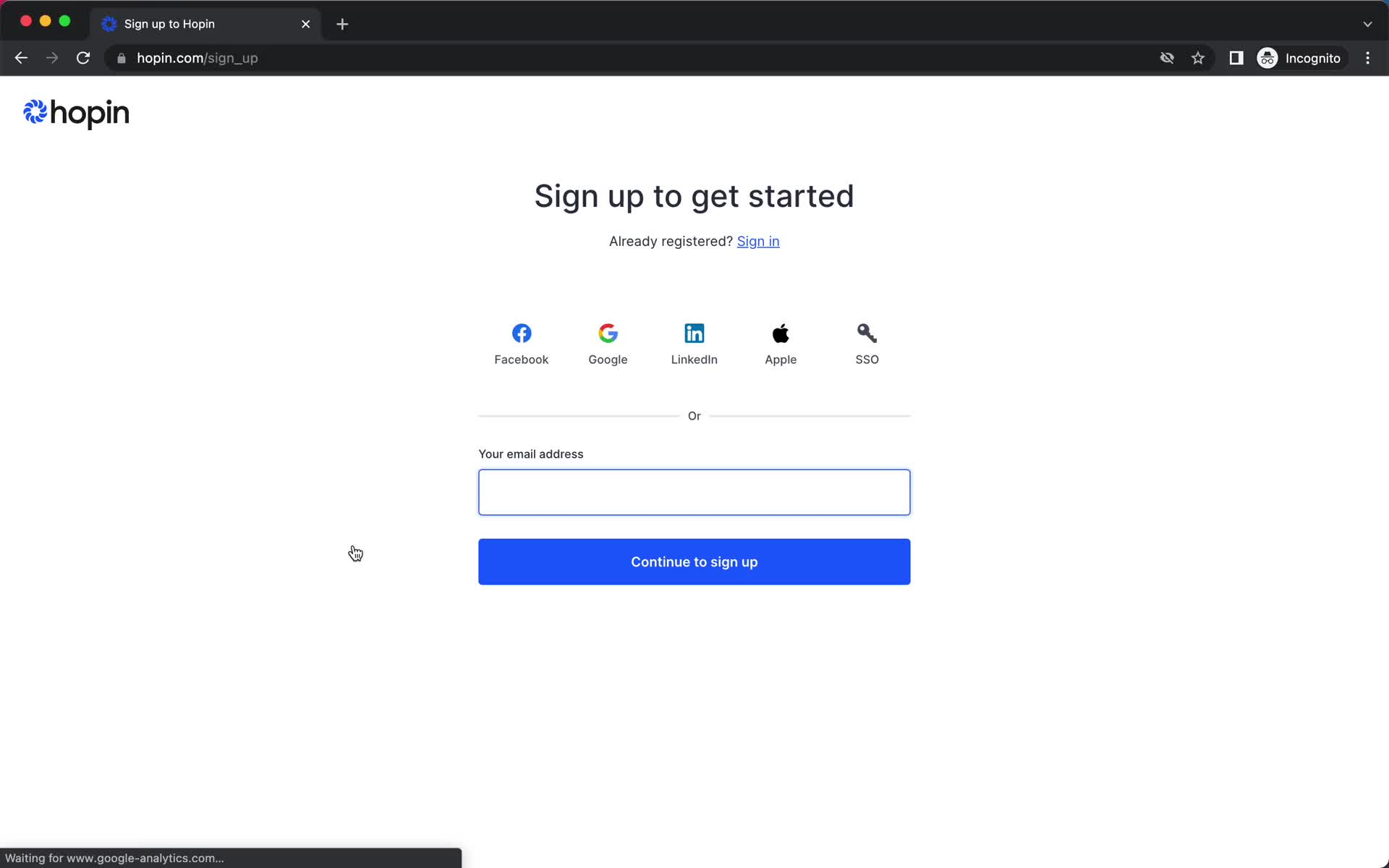 Screenshot of Sign up on Onboarding on Hopin user flow