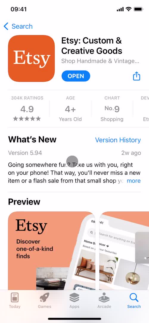 Screenshot of App store listing during Onboarding on Etsy user flow