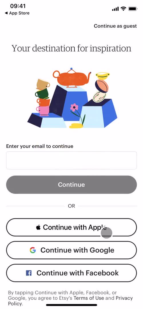 Screenshot of Sign up during Onboarding on Etsy user flow