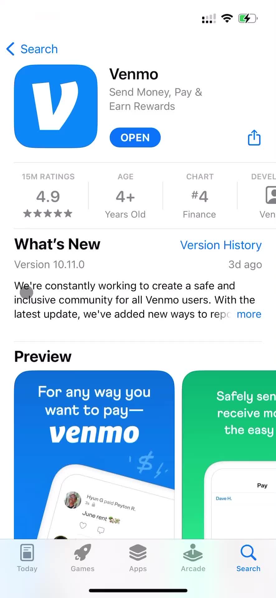 Screenshot of App store listing on Onboarding on Venmo user flow