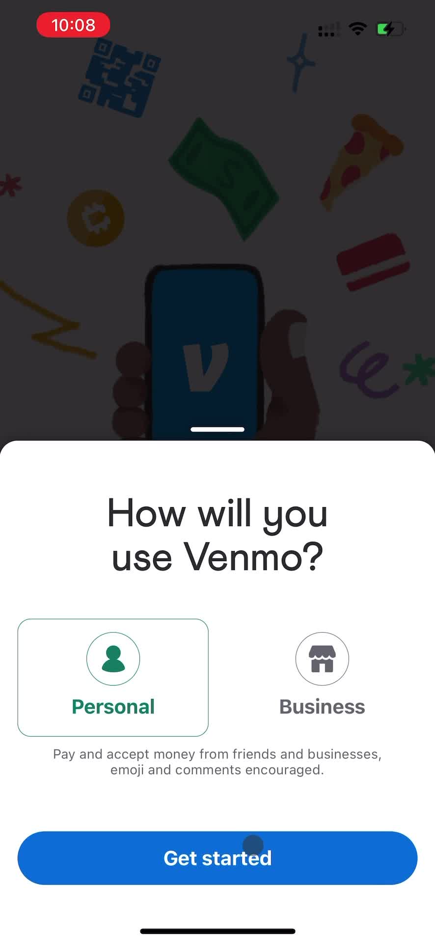 Screenshot of Select account type on Onboarding on Venmo user flow