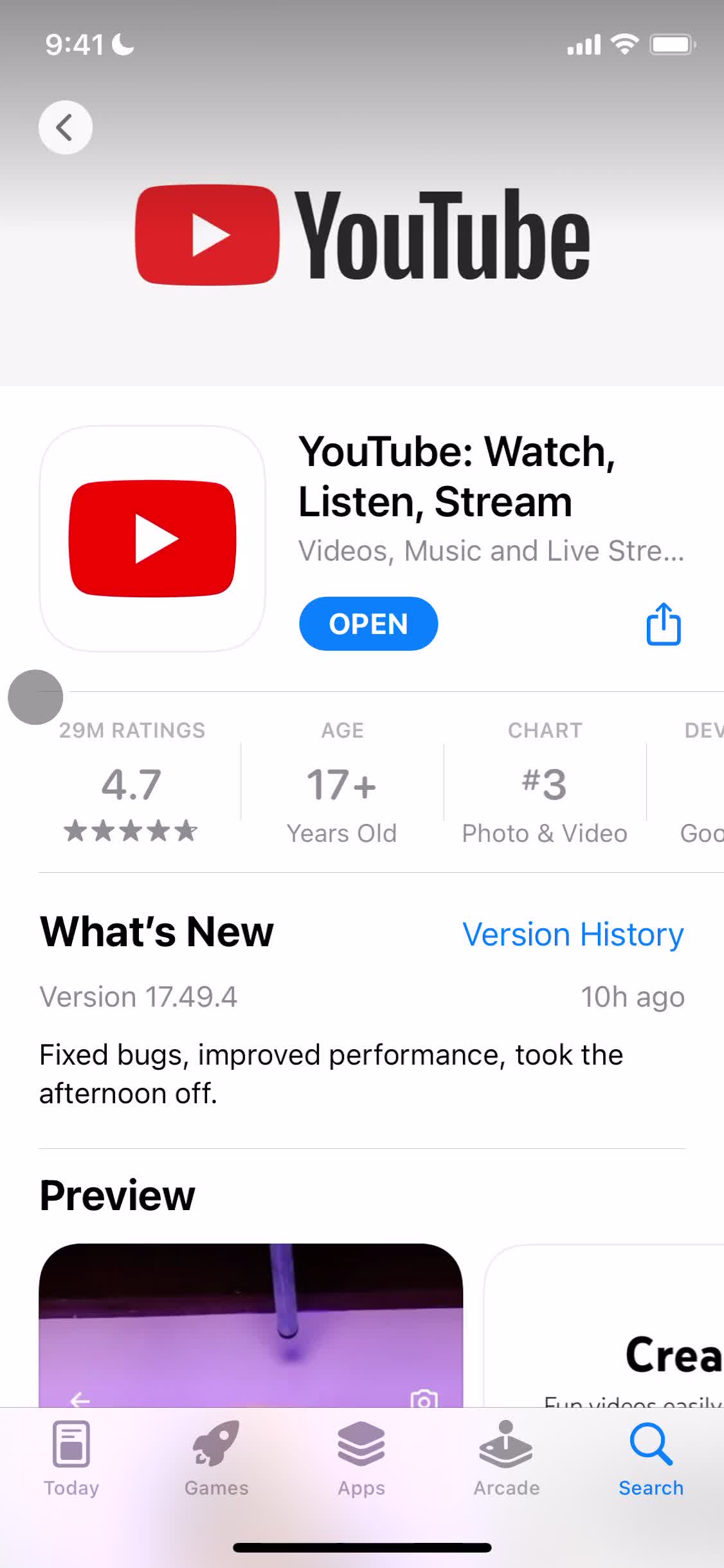 Screenshot of App store listing on Onboarding on YouTube user flow
