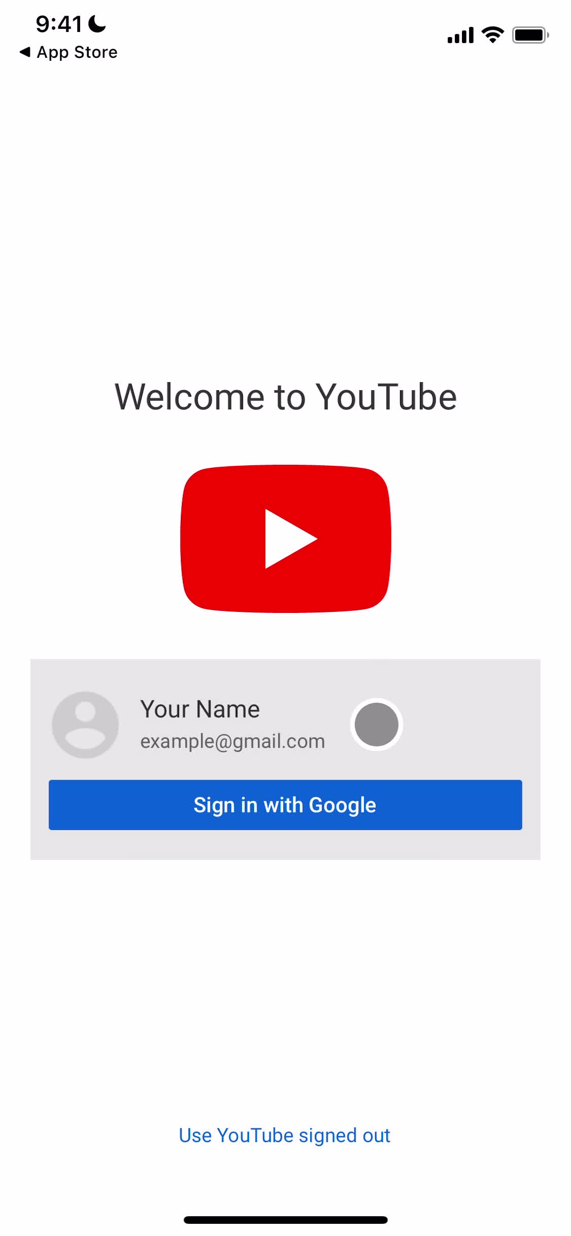 YouTube sign in screenshot