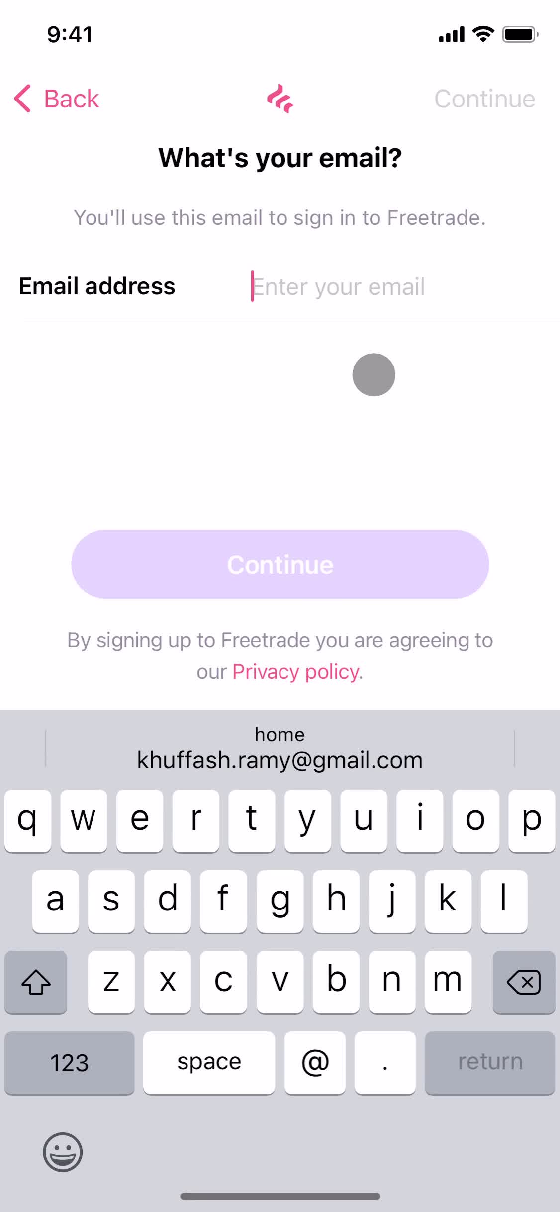 Screenshot of Enter email on Onboarding on Freetrade user flow