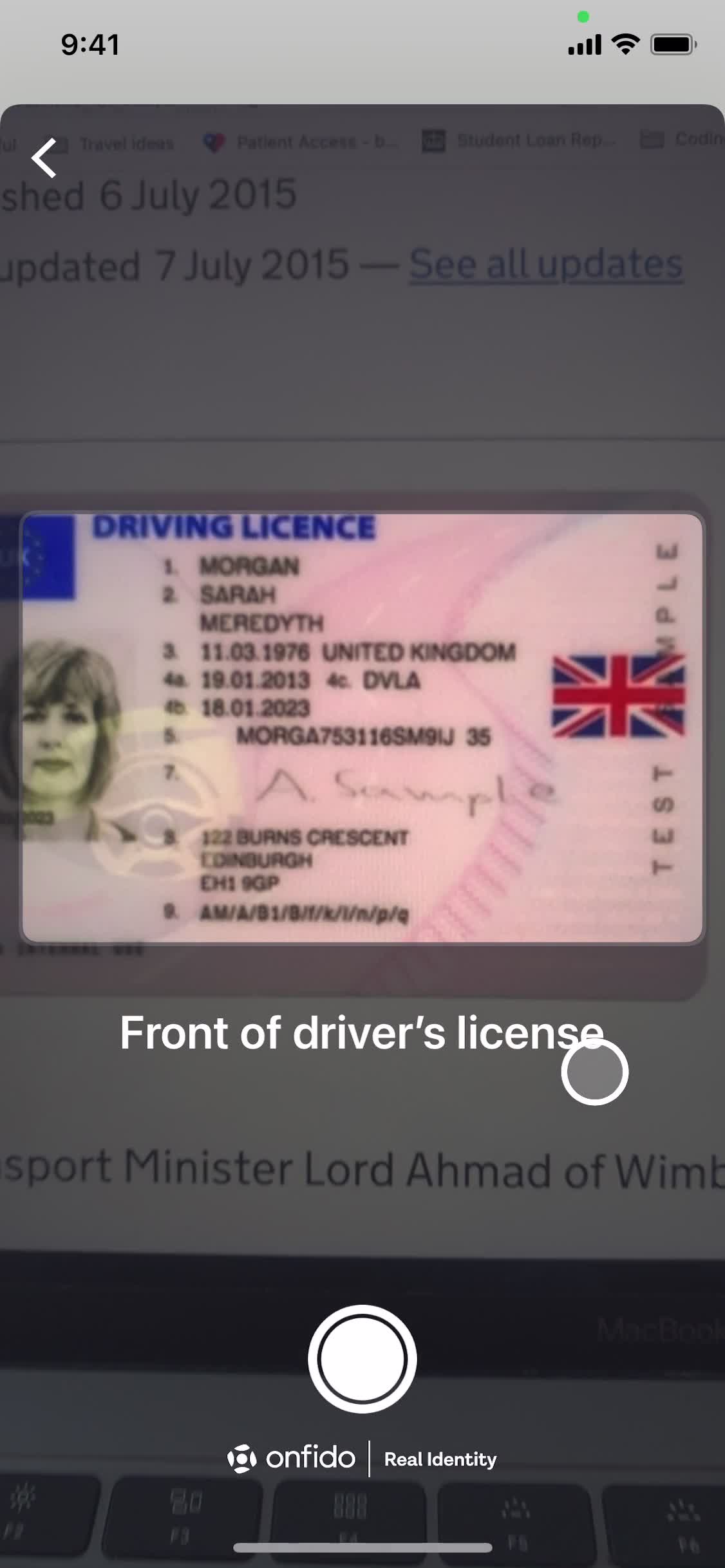 Freetrade add driver's licence photo screenshot
