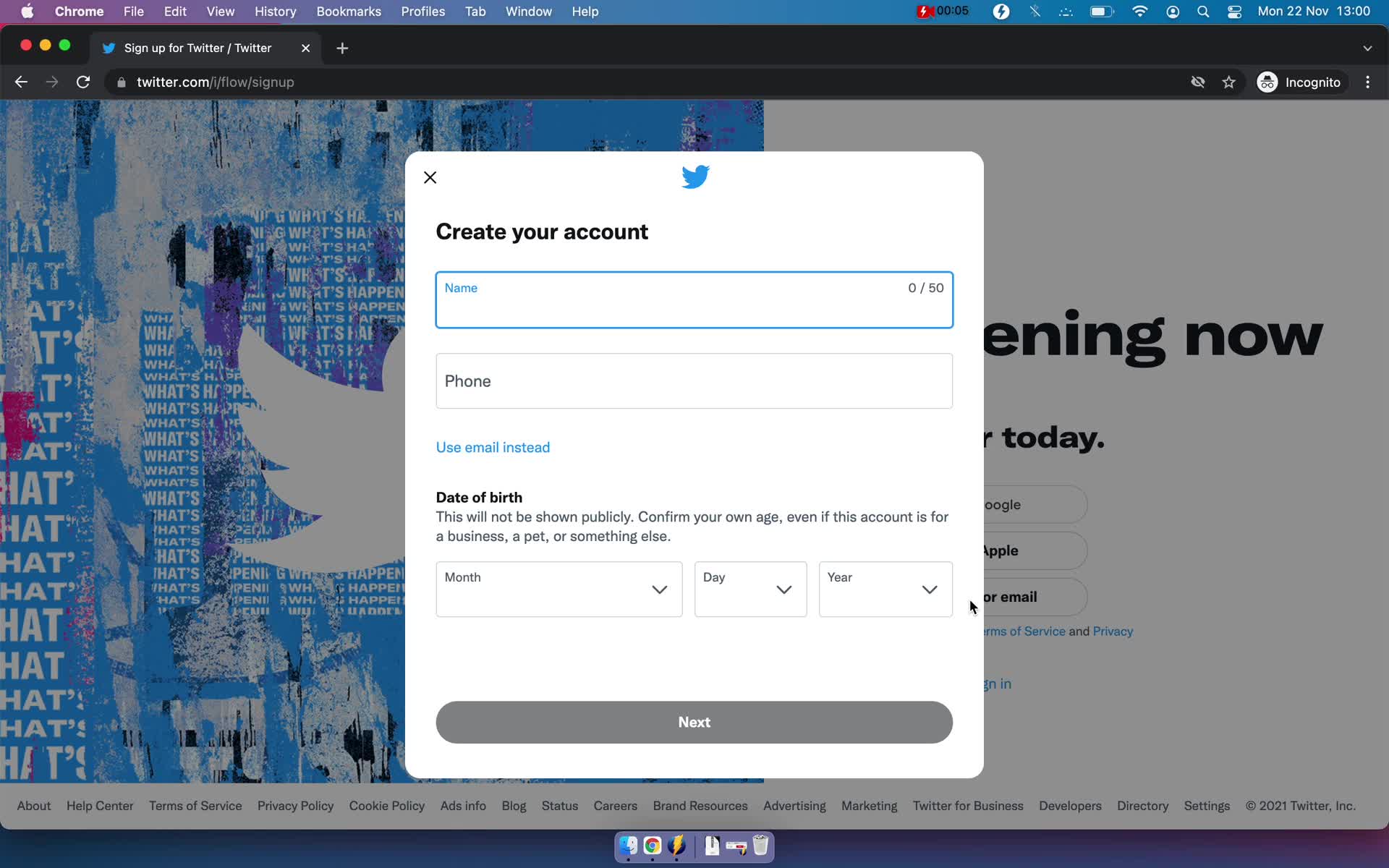 Screenshot of Sign up on Onboarding on Twitter user flow