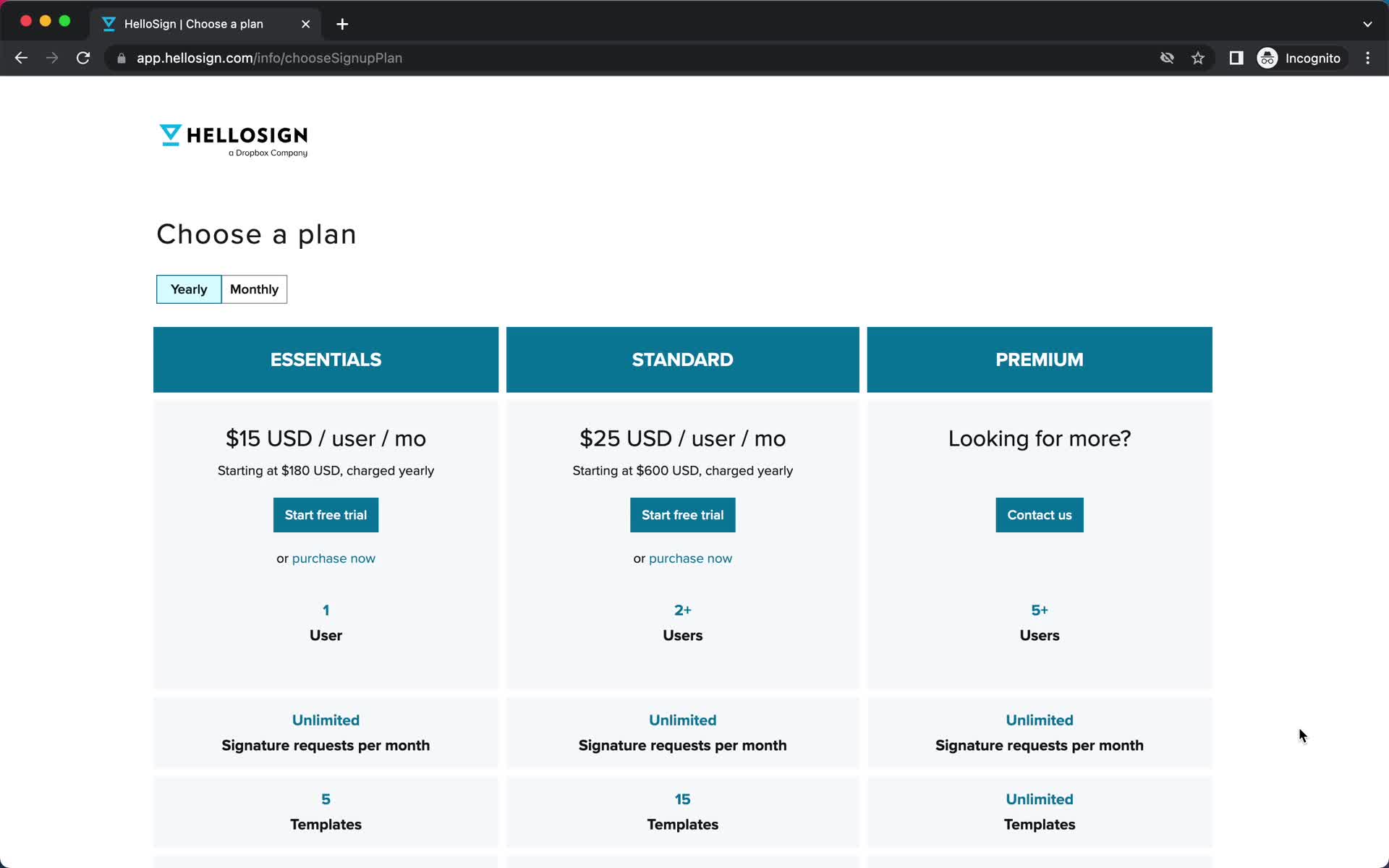 Screenshot of Select plan on Onboarding on HelloSign user flow