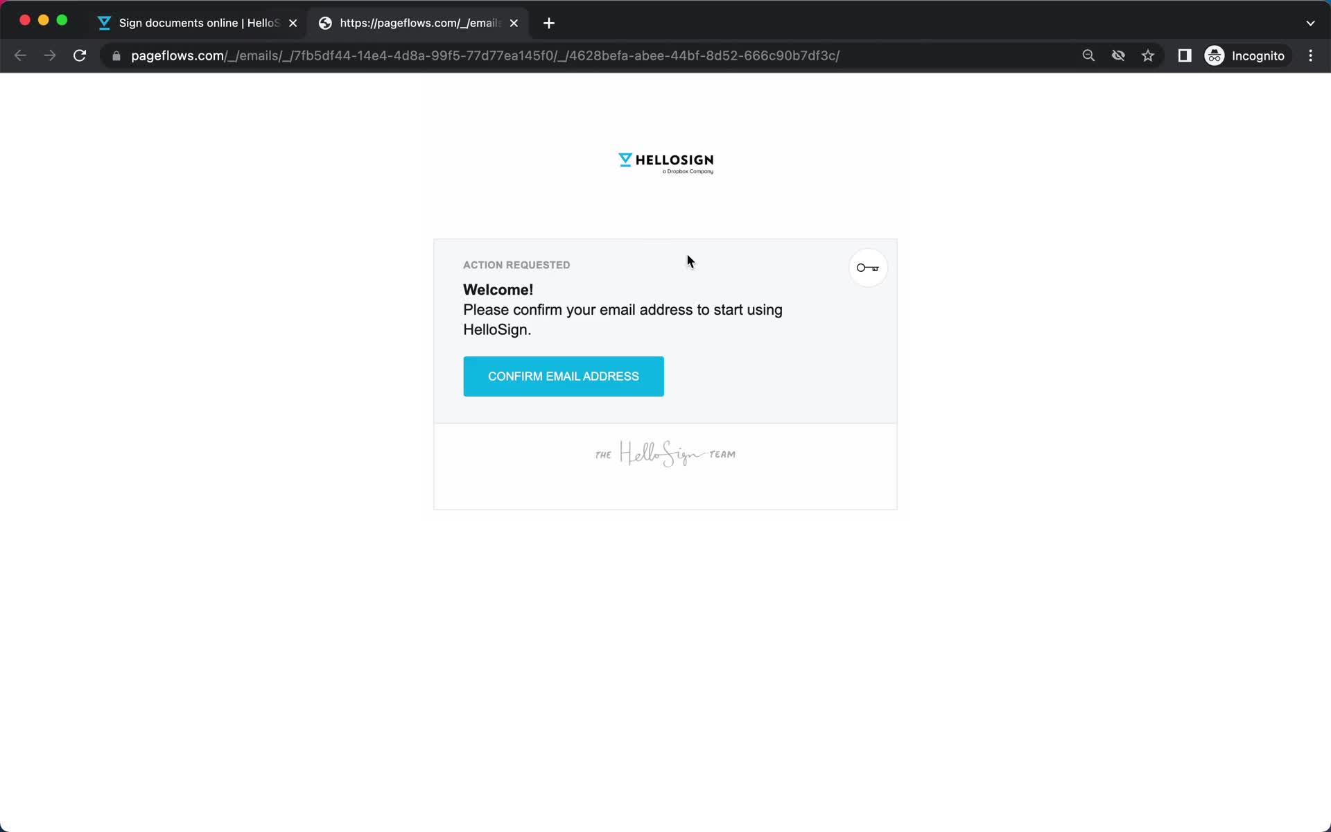 Screenshot of Verify email on Onboarding on HelloSign user flow