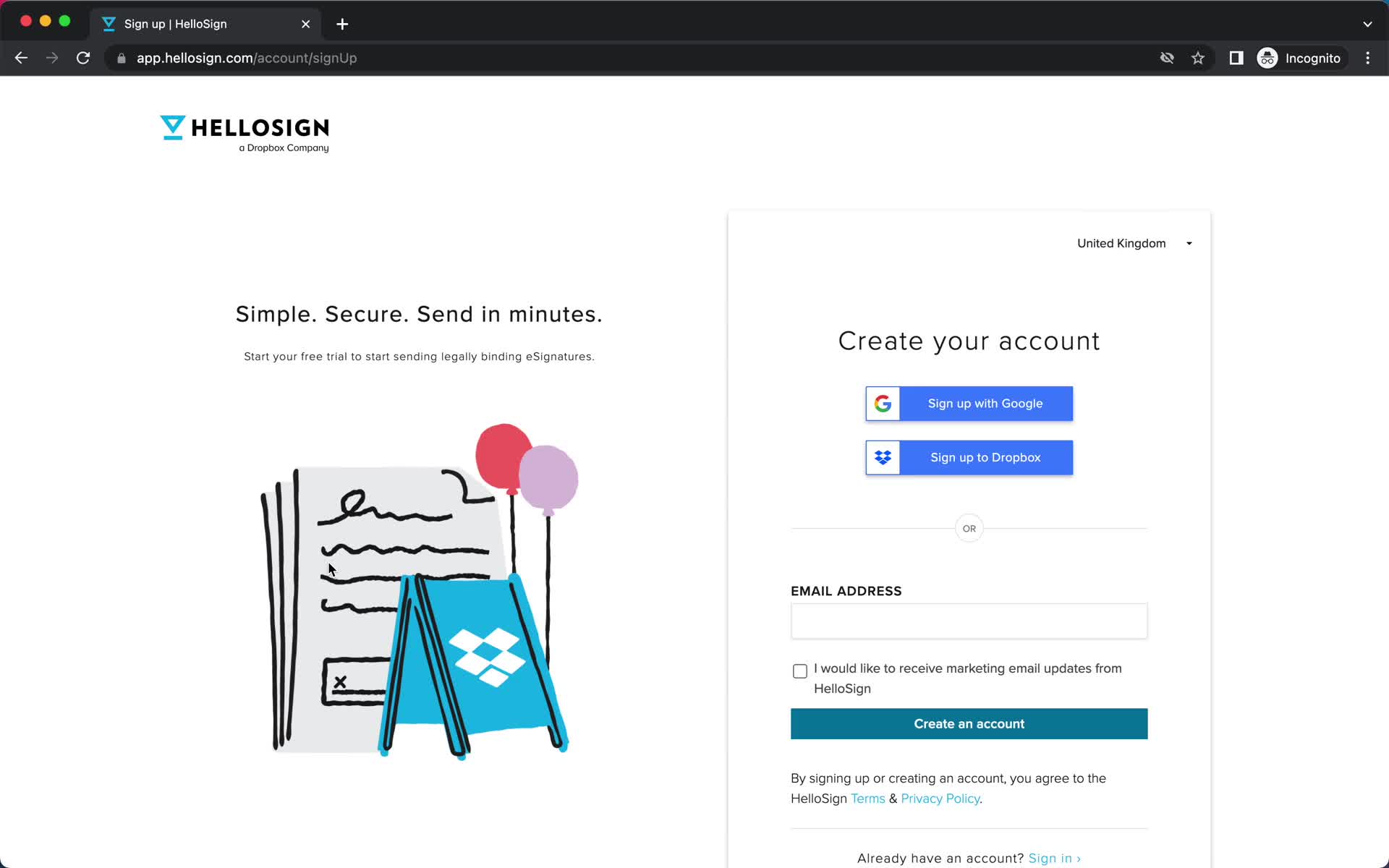 Screenshot of Sign up on Onboarding on HelloSign user flow