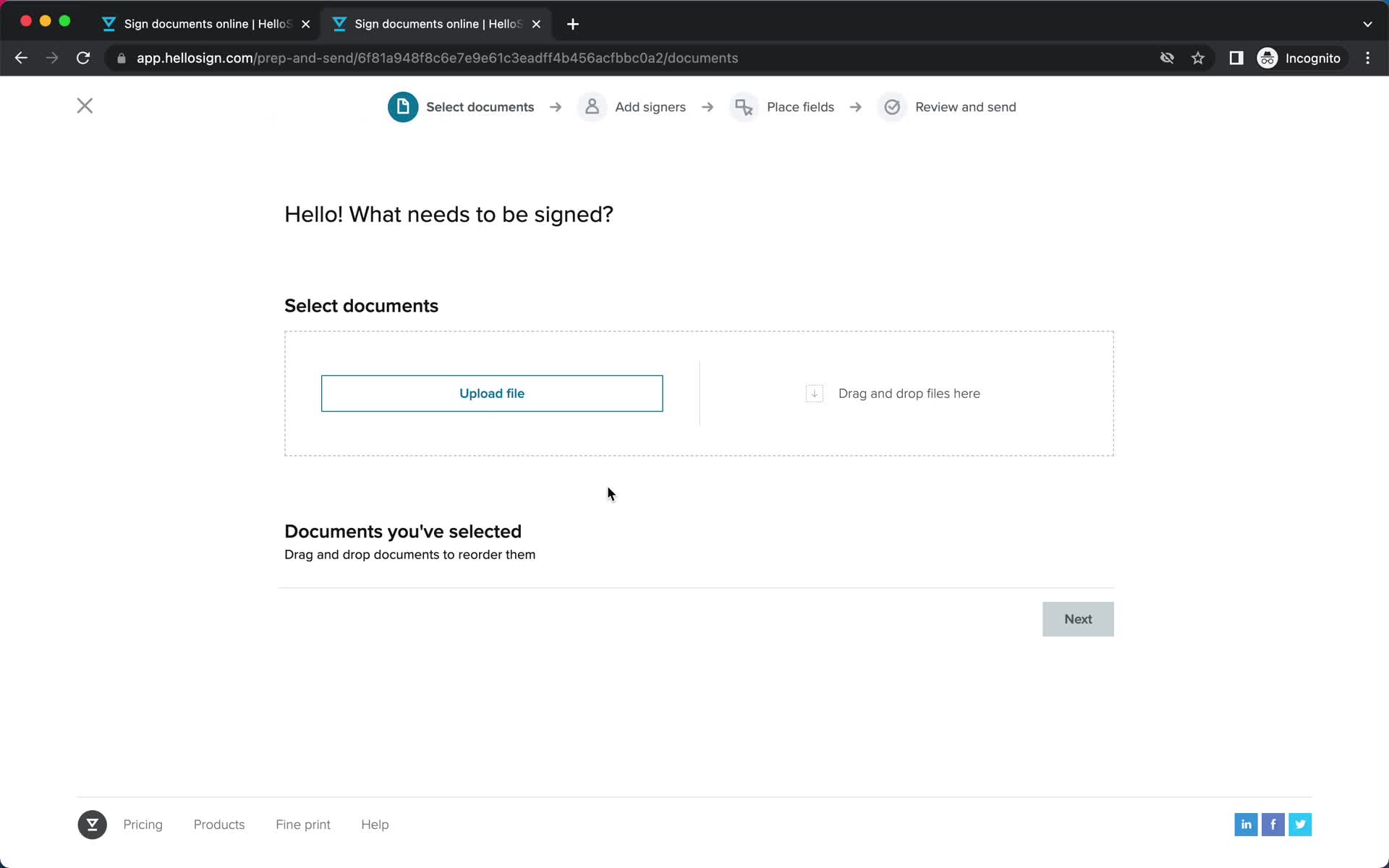 Screenshot of Select document on Onboarding on HelloSign user flow