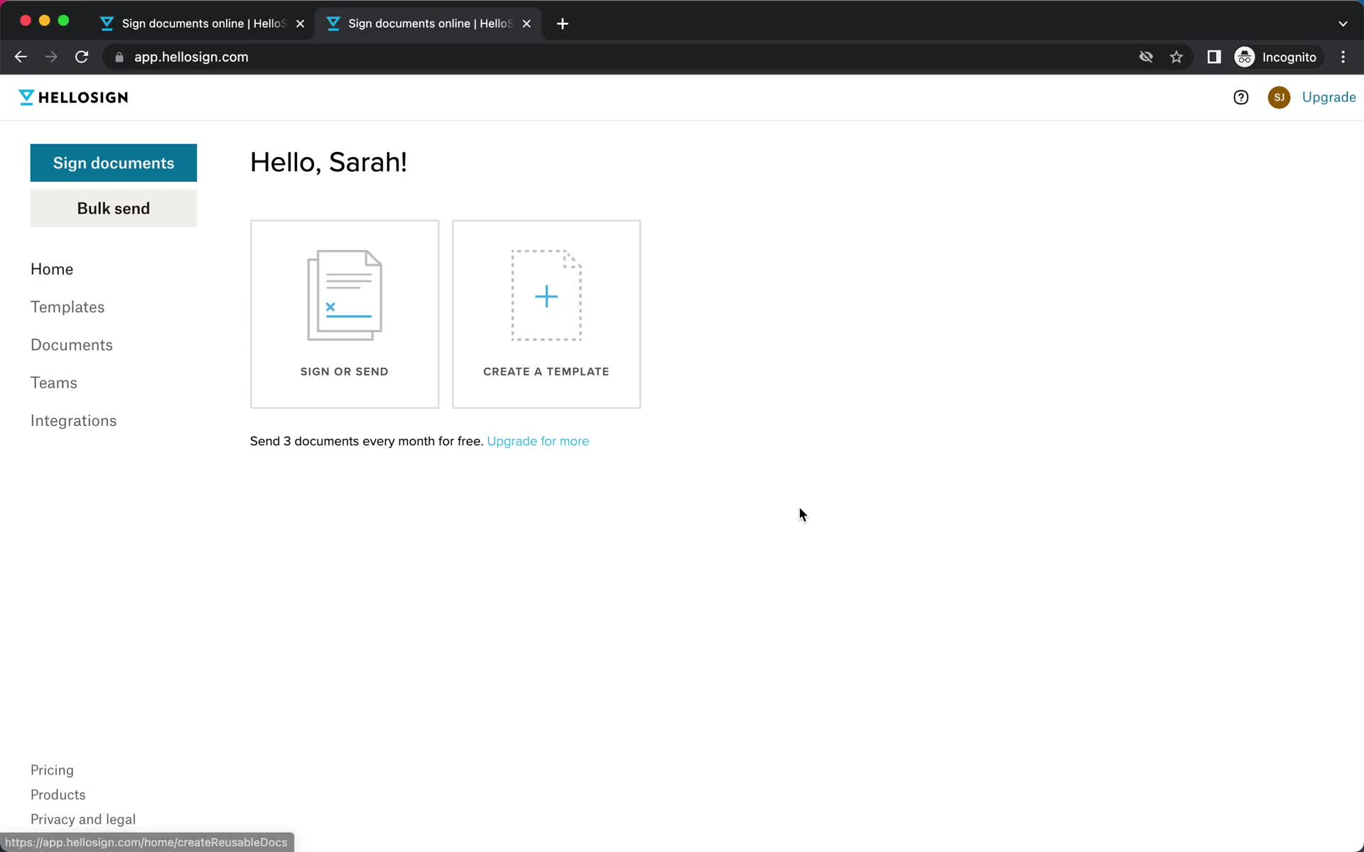 Screenshot of Home on Onboarding on HelloSign user flow