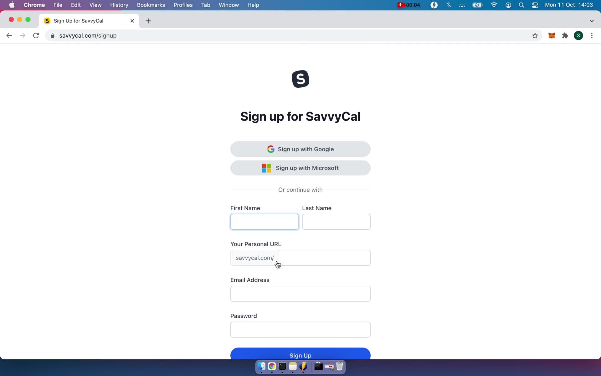 Screenshot of Sign up during Onboarding on SavvyCal user flow